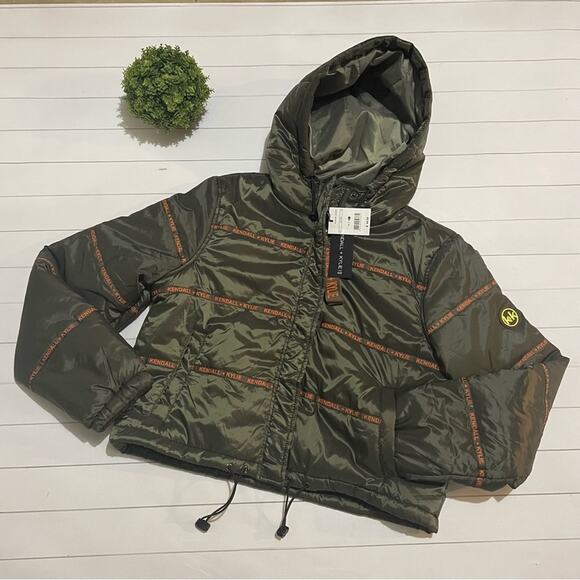 Kendall + Kylie NWT Olive Green Orange Logo‎ Stripe Puffer Coat Jacket Large